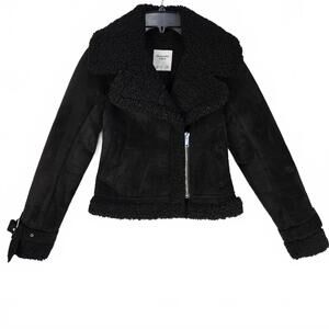 Abercrombie & Fitch Black Shearling Aviator Jacket XXS Faux Suede Moto Biker